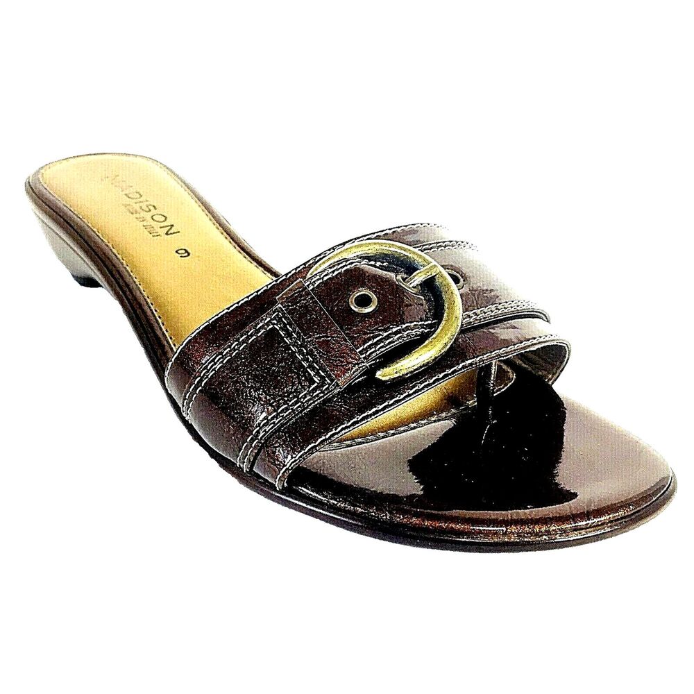 Madison Thong Slides Sandals Patent Leather 9 Copper Italy Slip On Heel Buckle